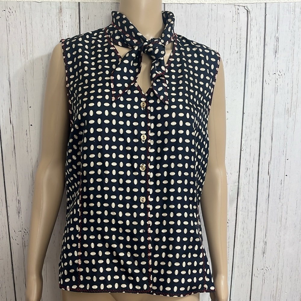 Carlisle 100% Silk Sleeveless Blouse Ties at Neck Navy blue